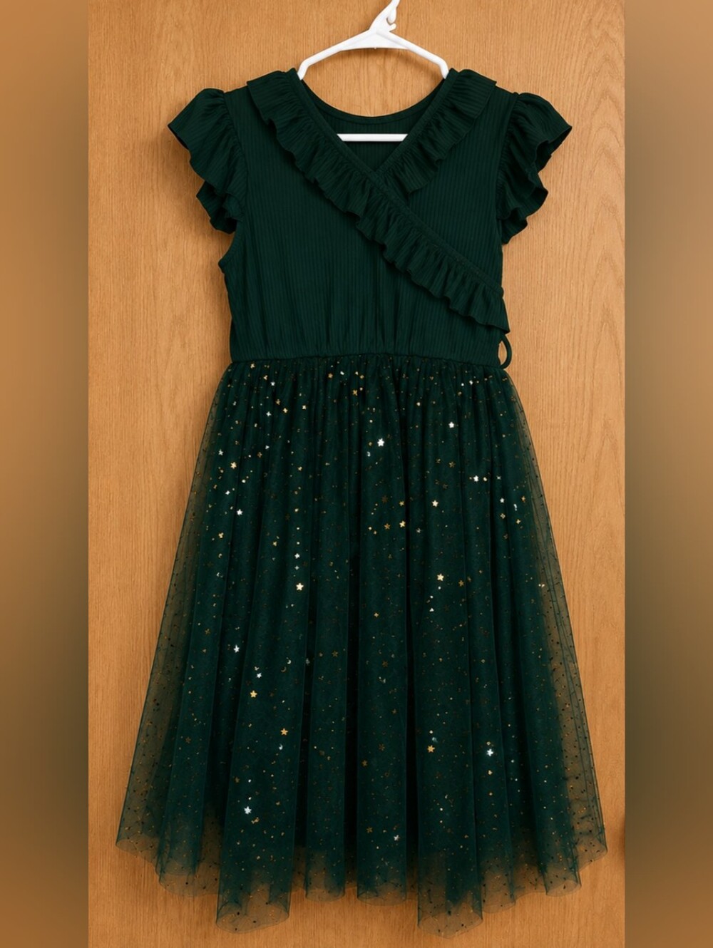 Girls' Emerald Green Ruffle Tulle Dress With Gold Accents - Size 14